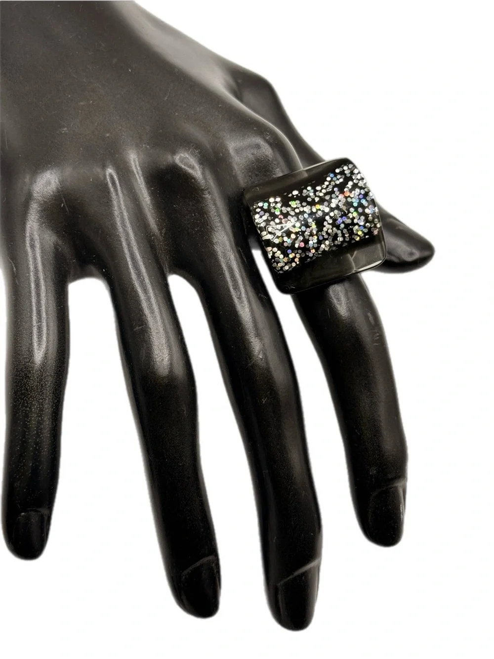Black Acrylic Sparkle Glitter Square Statement Ring Adjustable